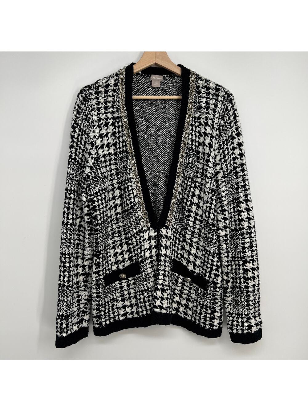 Chico’s Cotton Blend Cardigan Embellished Women US Large Black White Houndstooth